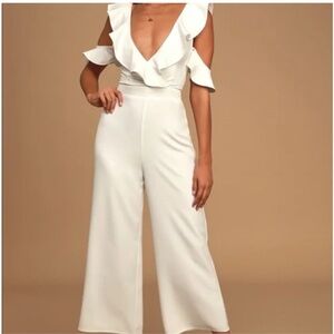 Doozy White Ruffled Wide-Leg Off-the-Shoulder Jumpsuit from Lulus. Bridal